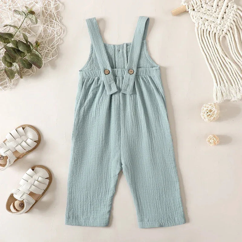 light blue cotton kids overalls romper for toddlers with button strap detail