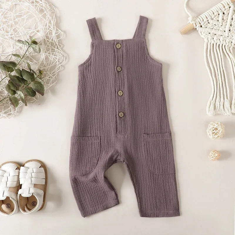 toddler brown cotton kids overalls romper with buttons and front pockets sleeveless