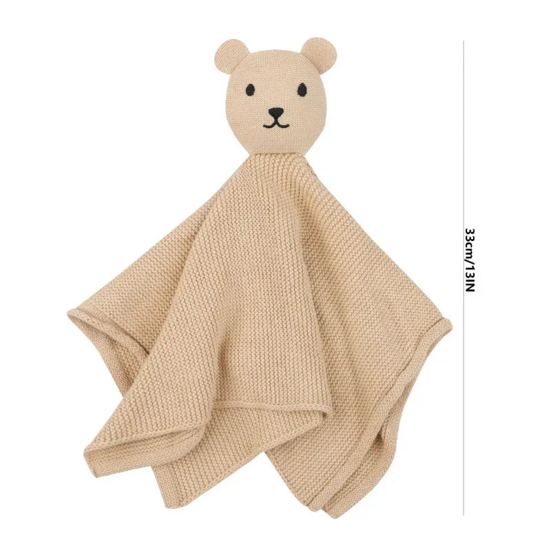 Beige cotton soothing cloth toy for toddlers with bear head design measuring 33 cm