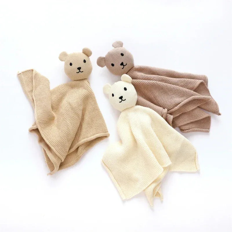 cotton soothing cloth toy for toddlers in beige, brown, and cream with teddy bear heads for babies
