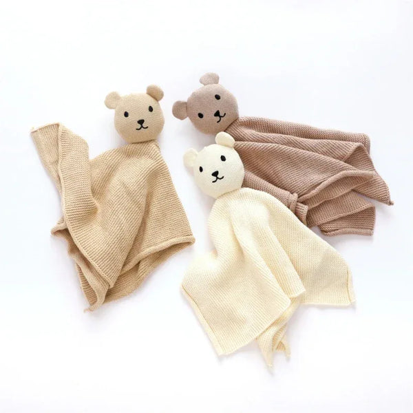 cotton soothing cloth toy for toddlers in beige, brown, and cream with teddy bear heads for babies