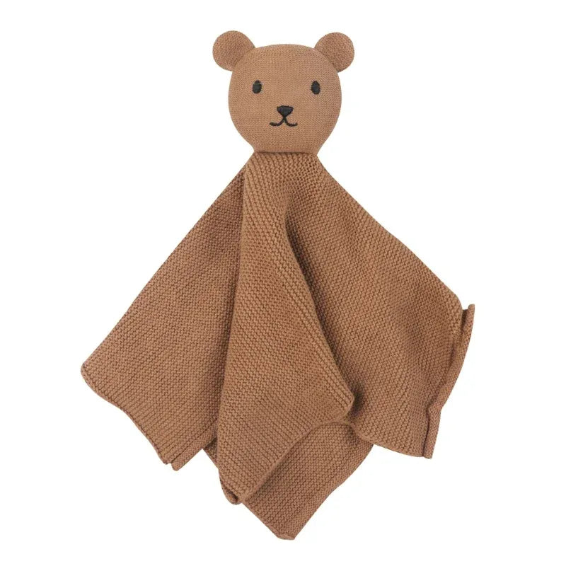 brown cotton soothing cloth toy for toddlers with bear head and soft textured blanket