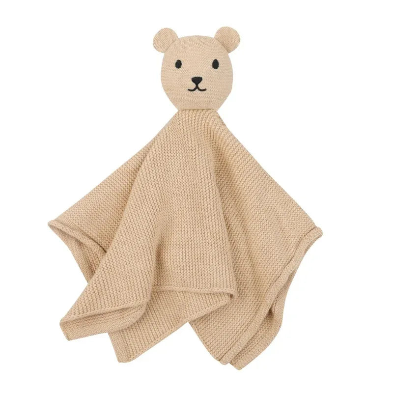 Beige cotton soothing cloth toy for toddlers with bear face, soft textured blanket for babies