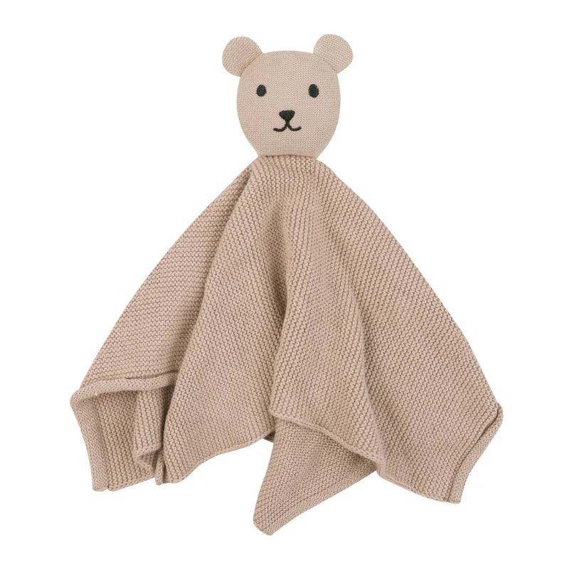 Beige cotton soothing cloth toy for toddlers with bear head detail, soft knit fabric for babies