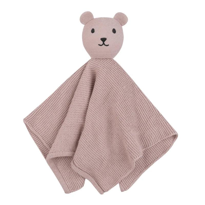 pink cotton soothing cloth toy for toddlers with bear head design soft textured fabric