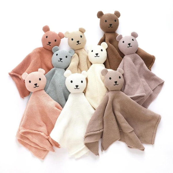 Assorted pastel color cotton soothing cloth toy for toddlers with teddy bear heads for babies