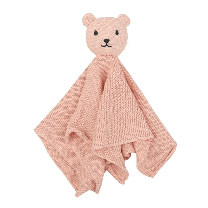 pink cotton soothing cloth toy for toddlers with bear head, soft textured blanket for babies