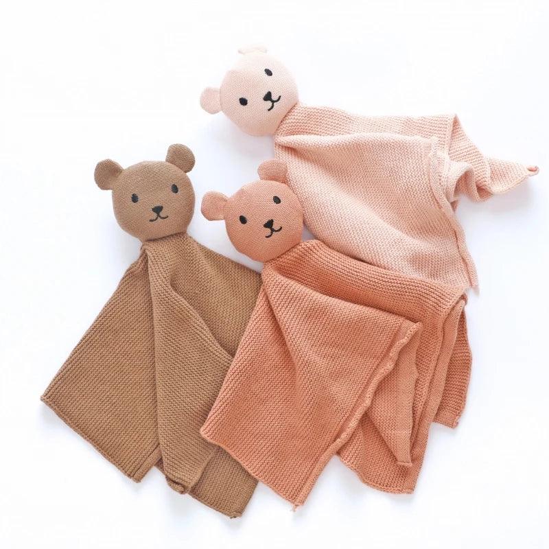 Brown pink and tan cotton soothing cloth toy for toddlers with bear faces soft knit fabric