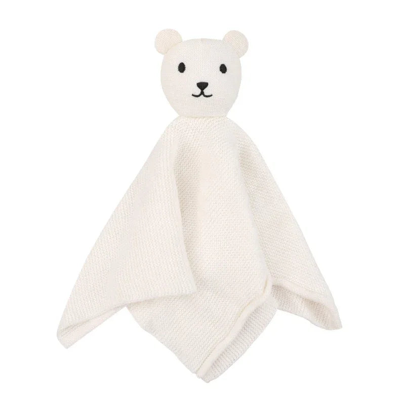 White cotton soothing cloth toy for toddlers with bear head, soft textured fabric for babies