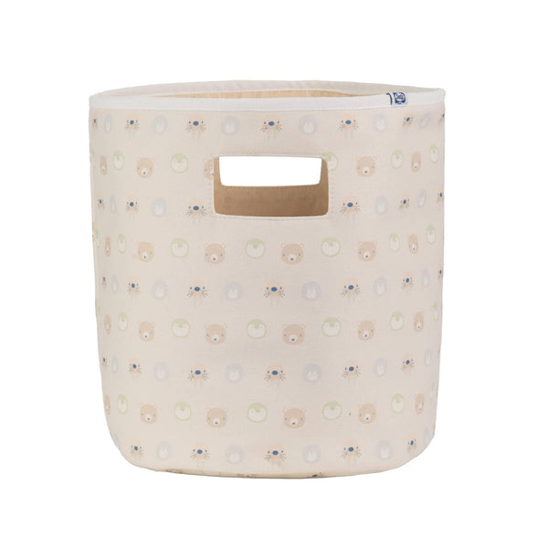 Goosewaddle beige soft storage bins for babies with cute animal and fruit pattern and handle cutout