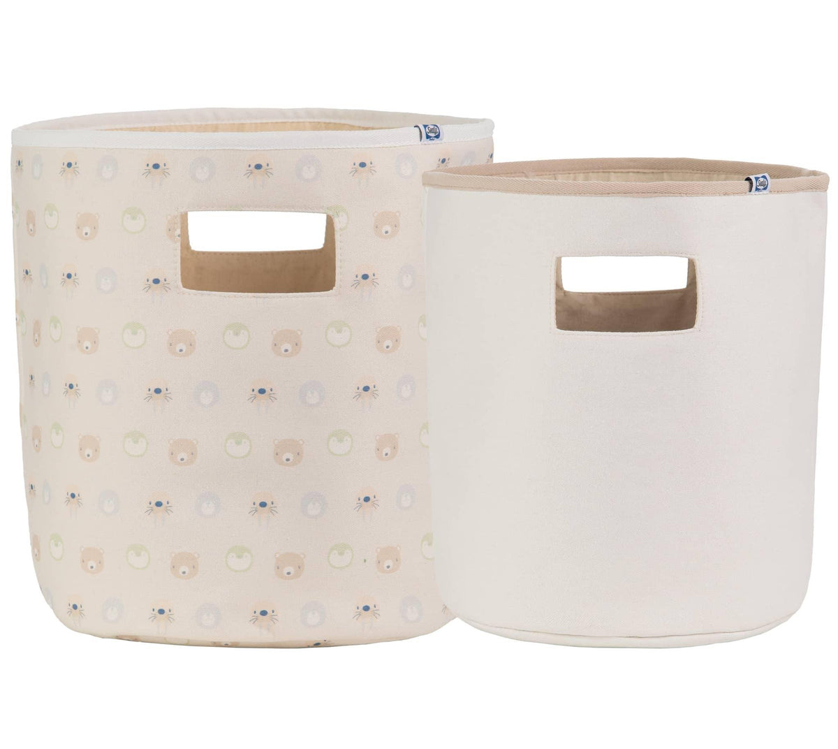 Goosewaddle soft storage bins in cream and beige with animal face prints, newborn size