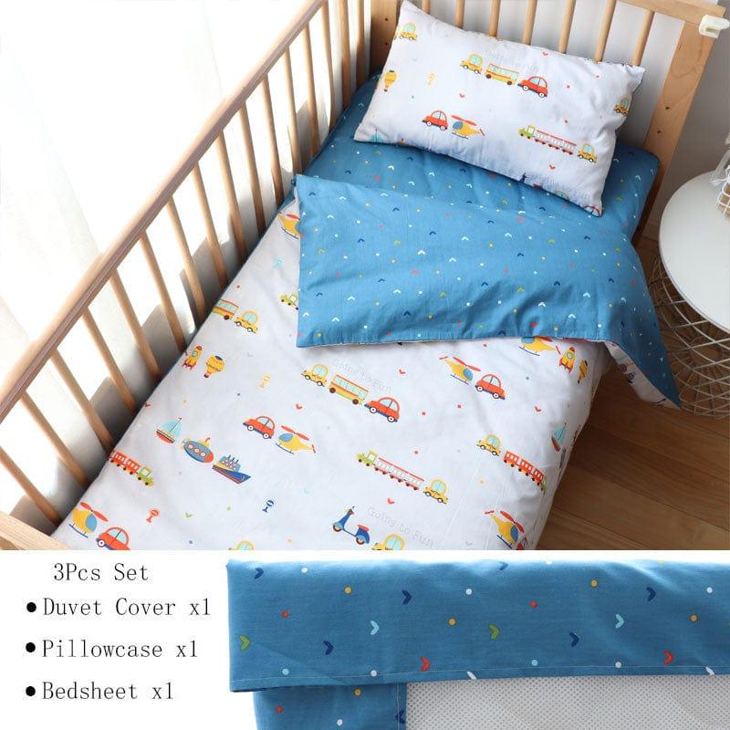 3pcs nursery crib bedding set with blue and white vehicle print duvet cover pillowcase and bedsheet for infants