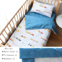 3pcs nursery crib bedding set with blue and white vehicle print duvet cover pillowcase and bedsheet for infants