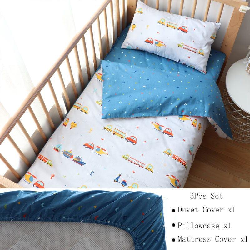 Toddler nursery crib bedding set with colorful vehicle prints including cars and boats, 3-piece set with duvet cover, pillowcase, and mattress cover