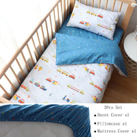 Toddler nursery crib bedding set with colorful vehicle prints including cars and boats, 3-piece set with duvet cover, pillowcase, and mattress cover
