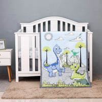 Blue and green dinosaur themed crib bedding for babies with cartoon design and playful scenery