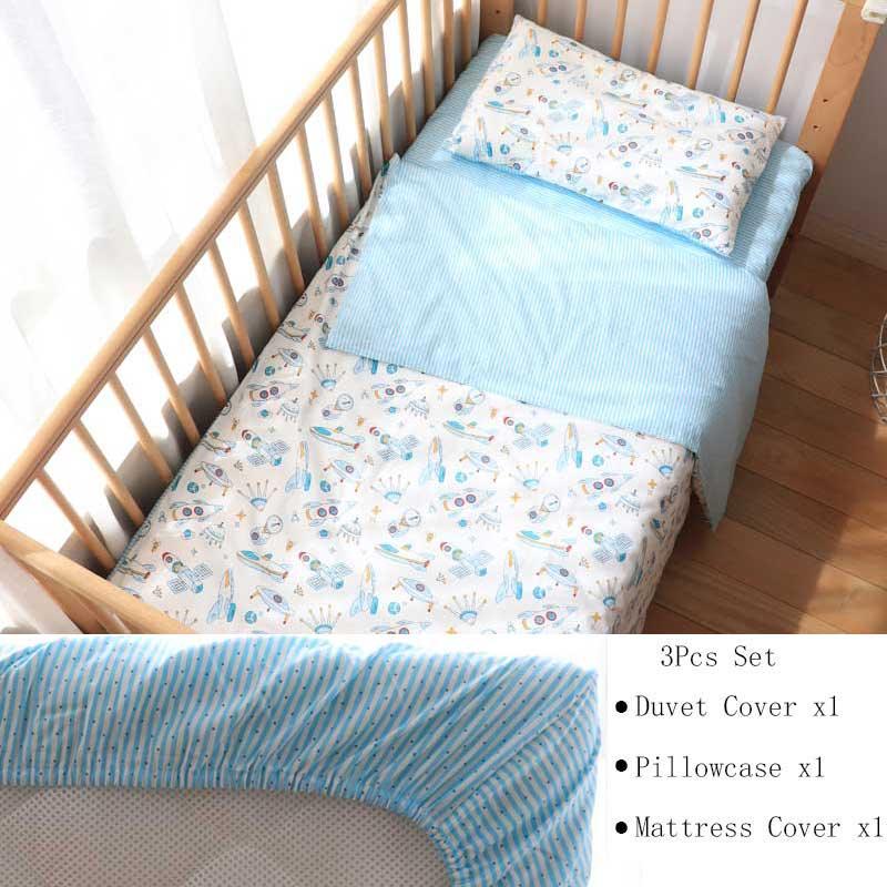 Blue and white boys crib bedding set with airplane pattern including duvet cover pillowcase and mattress cover