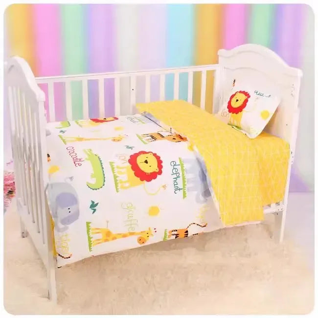 White baby crib with colorful animal print crib bedding set featuring lions, giraffes, and elephants for infants