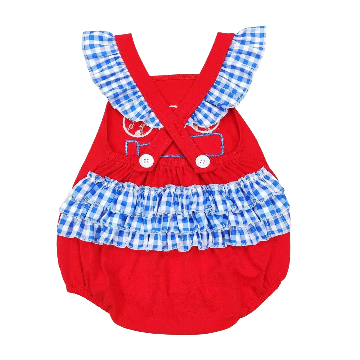 Red baby romper with blue and white checkered ruffle straps and skirt, cute romper for infants