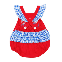 Red baby romper with blue and white checkered ruffle straps and skirt, cute romper for infants