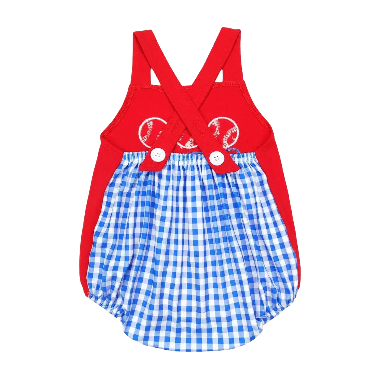 Baby blue and white checkered cute romper with red straps and baseball embroidery