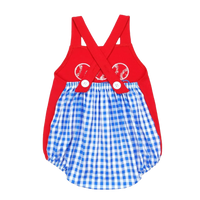 Baby blue and white checkered cute romper with red straps and baseball embroidery