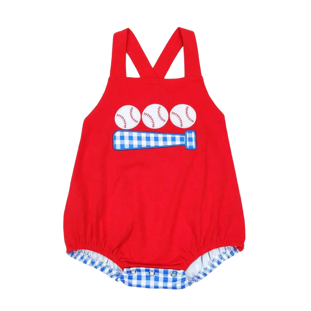 red baby romper with blue gingham baseball bat and balls design, cute romper for infants