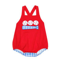 red baby romper with blue gingham baseball bat and balls design, cute romper for infants
