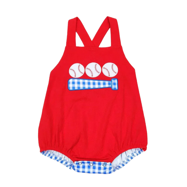 red baby romper with blue gingham baseball bat and balls design, cute romper for infants
