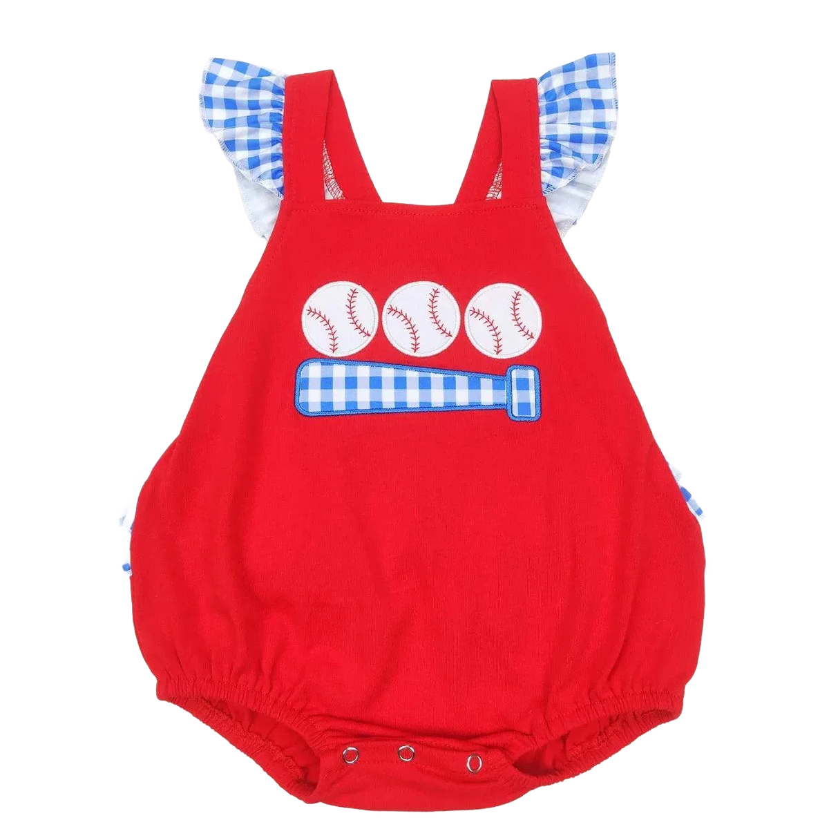 Red baby romper with blue gingham baseball bat and balls design and ruffled sleeves cute romper