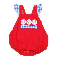 Red baby romper with blue gingham baseball bat and balls design and ruffled sleeves cute romper