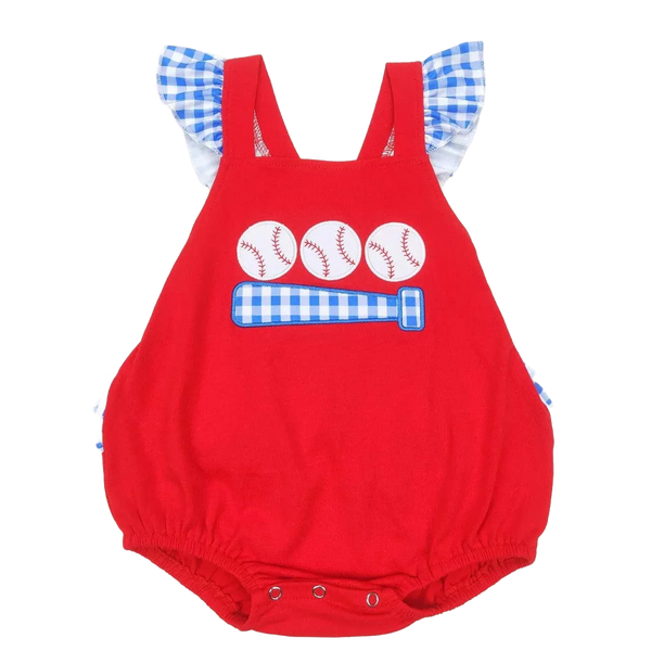 Red baby romper with blue gingham baseball bat and balls design and ruffled sleeves cute romper