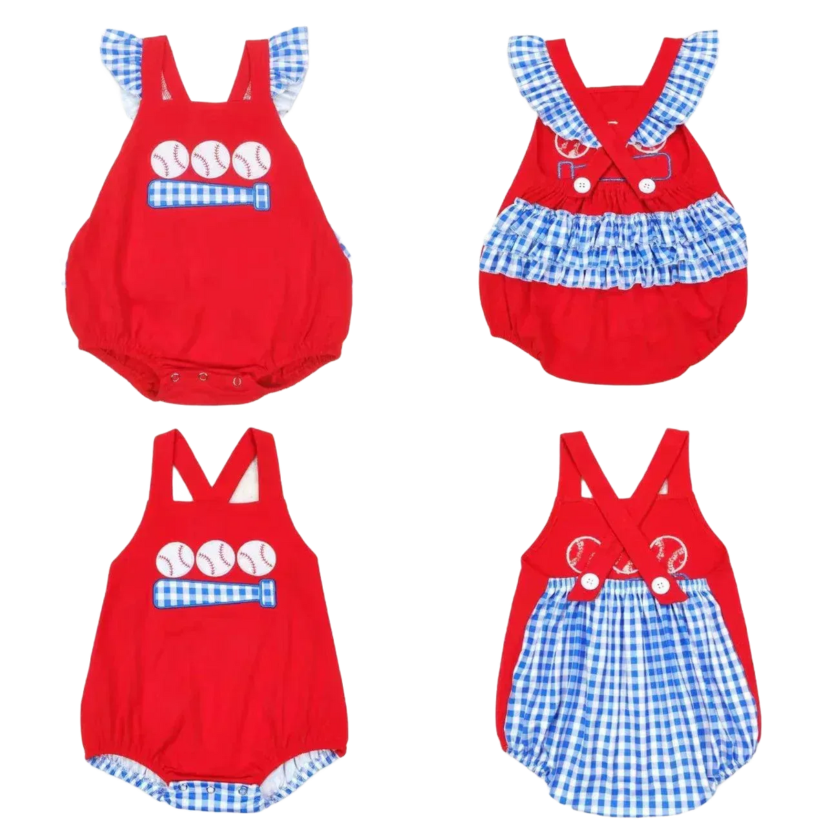 Red babies cute romper with blue checkered ruffle sleeves and baseball design for infants