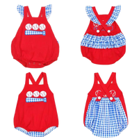 Red babies cute romper with blue checkered ruffle sleeves and baseball design for infants