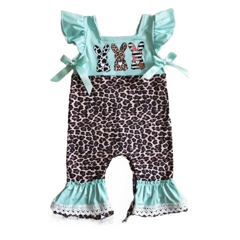Leopard Bunny boho baby girl romper featuring leopard print design with playful butterfly sleeves and charming ruffled accents.