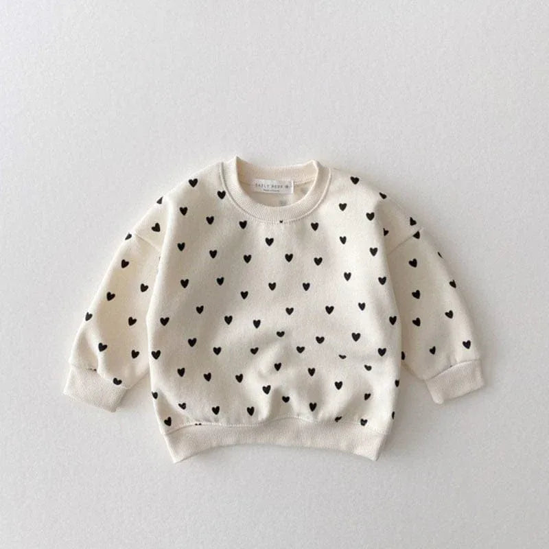 cream toddlers warm up set sweatshirt with black heart print long sleeve