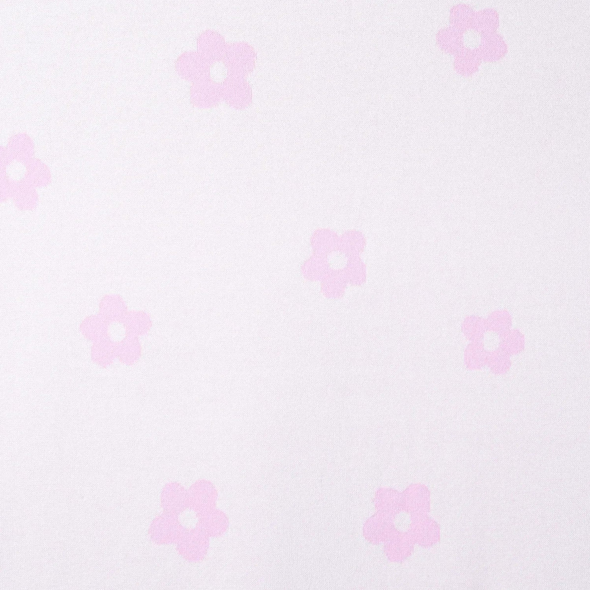 Light lavender jacquard knit fabric featuring scattered soft pink five-petal daisy flowers with white centers and fine knit