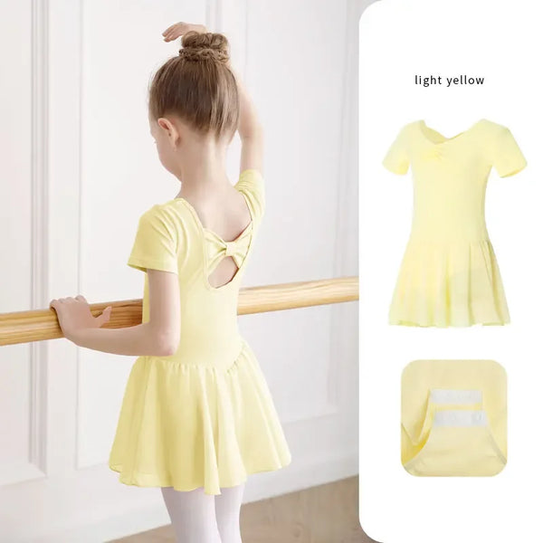 Light yellow girls dance dress with short sleeves and back keyhole bow detail for kids