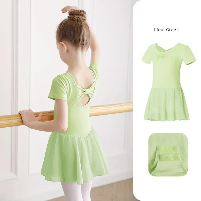 Girls lime green dance dress with short sleeves and keyhole back detail in toddler size