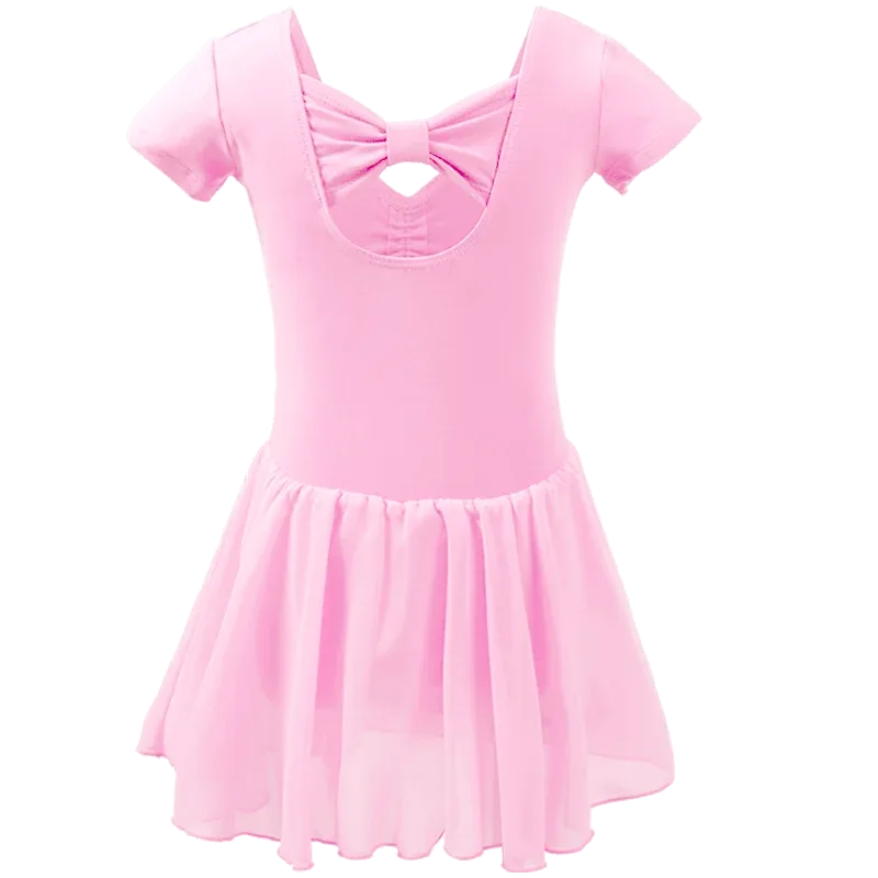 pink girls dance dress with short sleeves and bow detail on back for toddlers