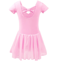 pink girls dance dress with short sleeves and bow detail on back for toddlers