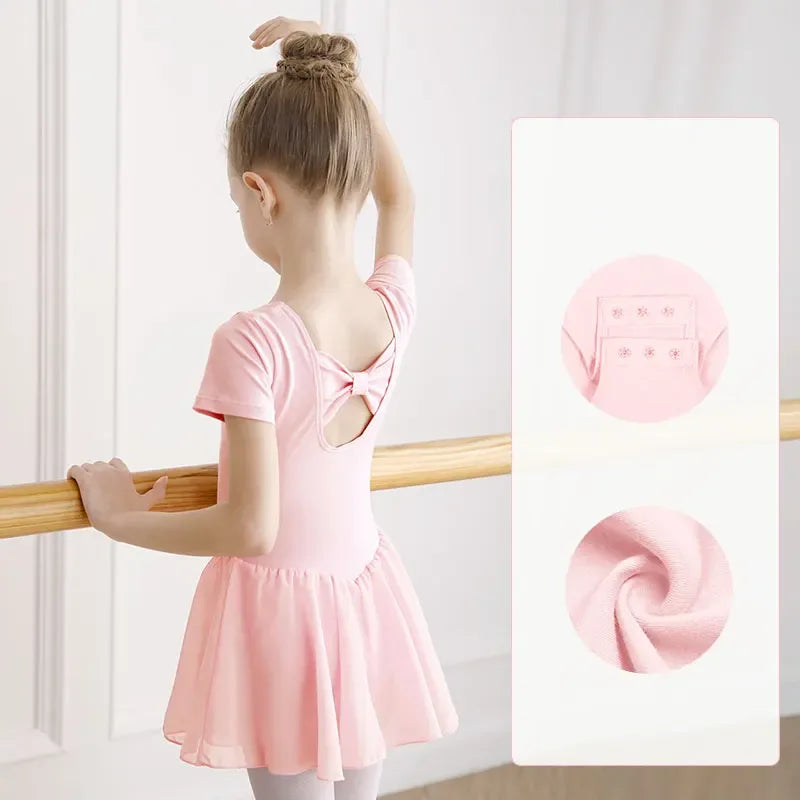 girls light pink dance dress with short sleeves and bow detail, toddler size