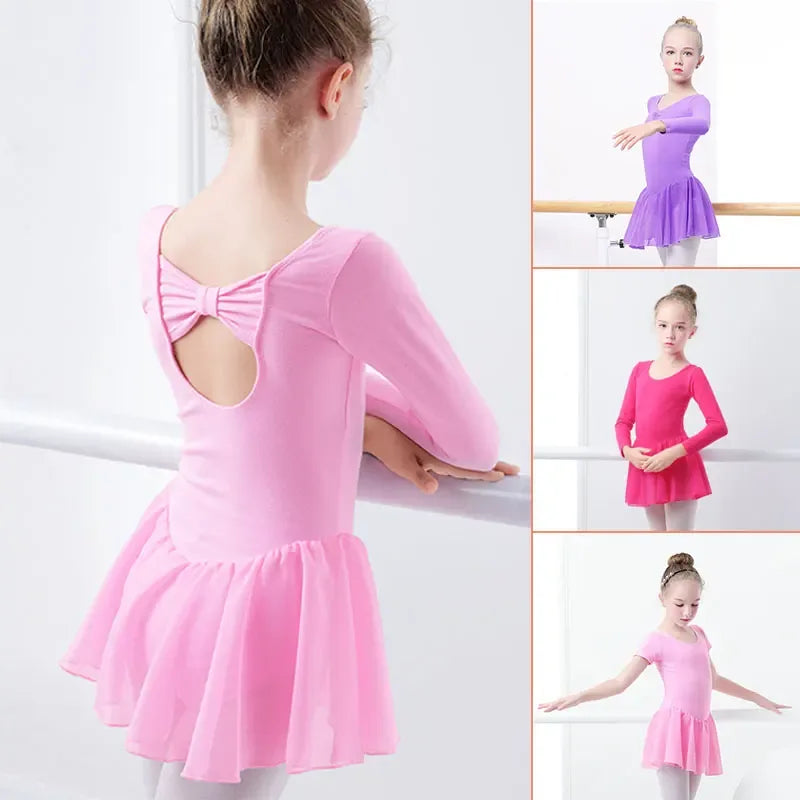 Girls pink long sleeve dance dress with bow back detail size for kids