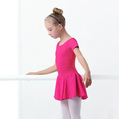 toddler girls bright pink dance dress with short sleeves and flared skirt