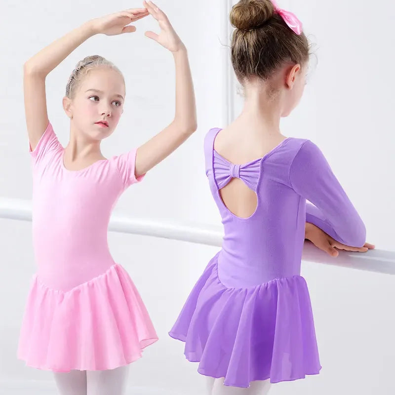 Girls pink and purple dance dress with short and long sleeves, bow detail on back, sizes for kids