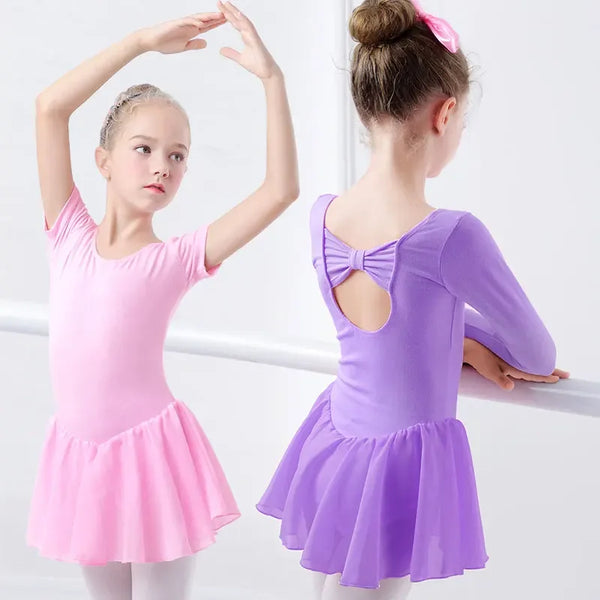 Girls pink and purple dance dress with short and long sleeves, bow detail on back, sizes for kids