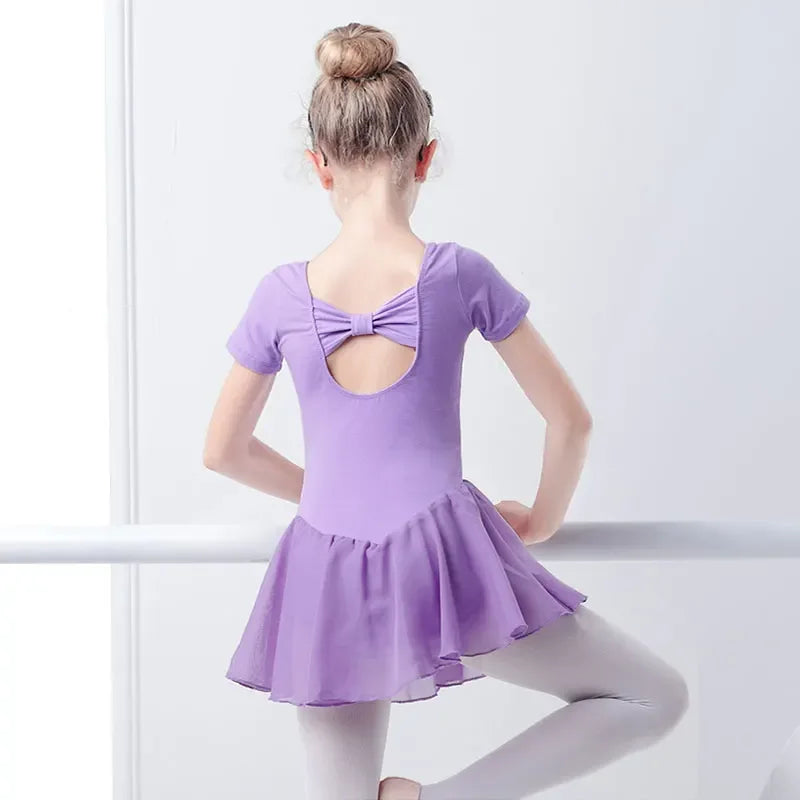 Girls lavender dance dress with short sleeves and bow detail on back for ballet practice