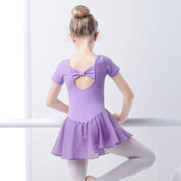 Girls lavender dance dress with short sleeves and bow detail on back for ballet practice