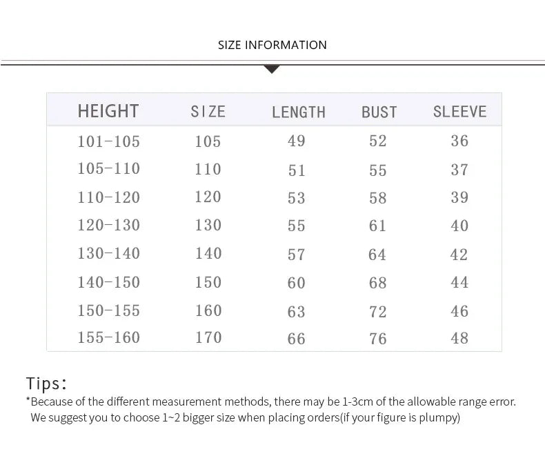 Size chart for kids dance dress with measurements for height bust sleeve and length
