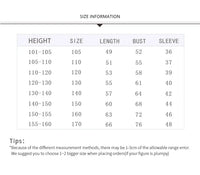 Size chart for kids dance dress with measurements for height bust sleeve and length